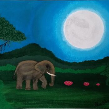 Mystische Dschungelszene unter Vollmond: Ein Elefant und eine Lotusblume symbolisieren Stärke, Weisheit und Reinheit.